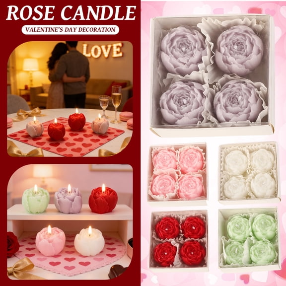 Peony Flower Shaped Candle with Scent 4 Packs Soy Wax Blend Aromatherapy Candle Gift Candle, Gifts for Women, Candles for spa, Yoga, Meditation, Dinner, Christmas Valentine's Day (Rose)