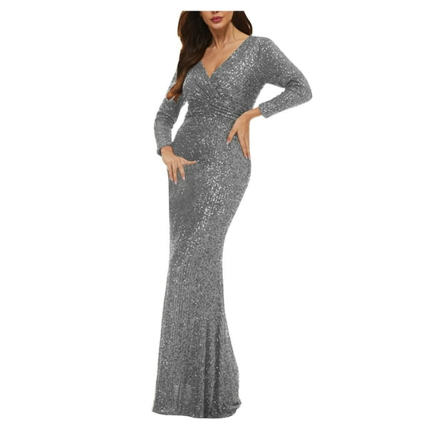Puntoco Vestido De Manga Corta Con Cuello En V, Primavera Y Verano Para Mujer, Color Sólido, Manga Media, Cuello En V, Vestido Elegante Delgado Que Abraza La Cadera, Falda Larga Gris Xl