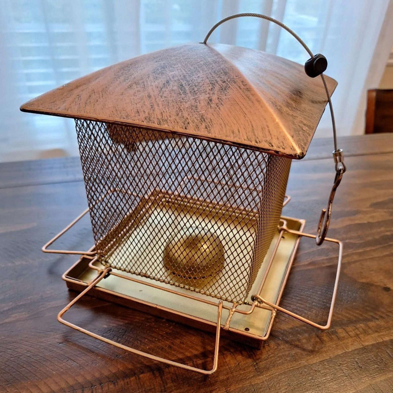 Heavy Duty Metal Bird Feeder | Antique Copper Outdoor Hanging Standing Garden Squirrel-Proof Feeding Station | Integrated Water Food Feeder | 7x11x17.7in