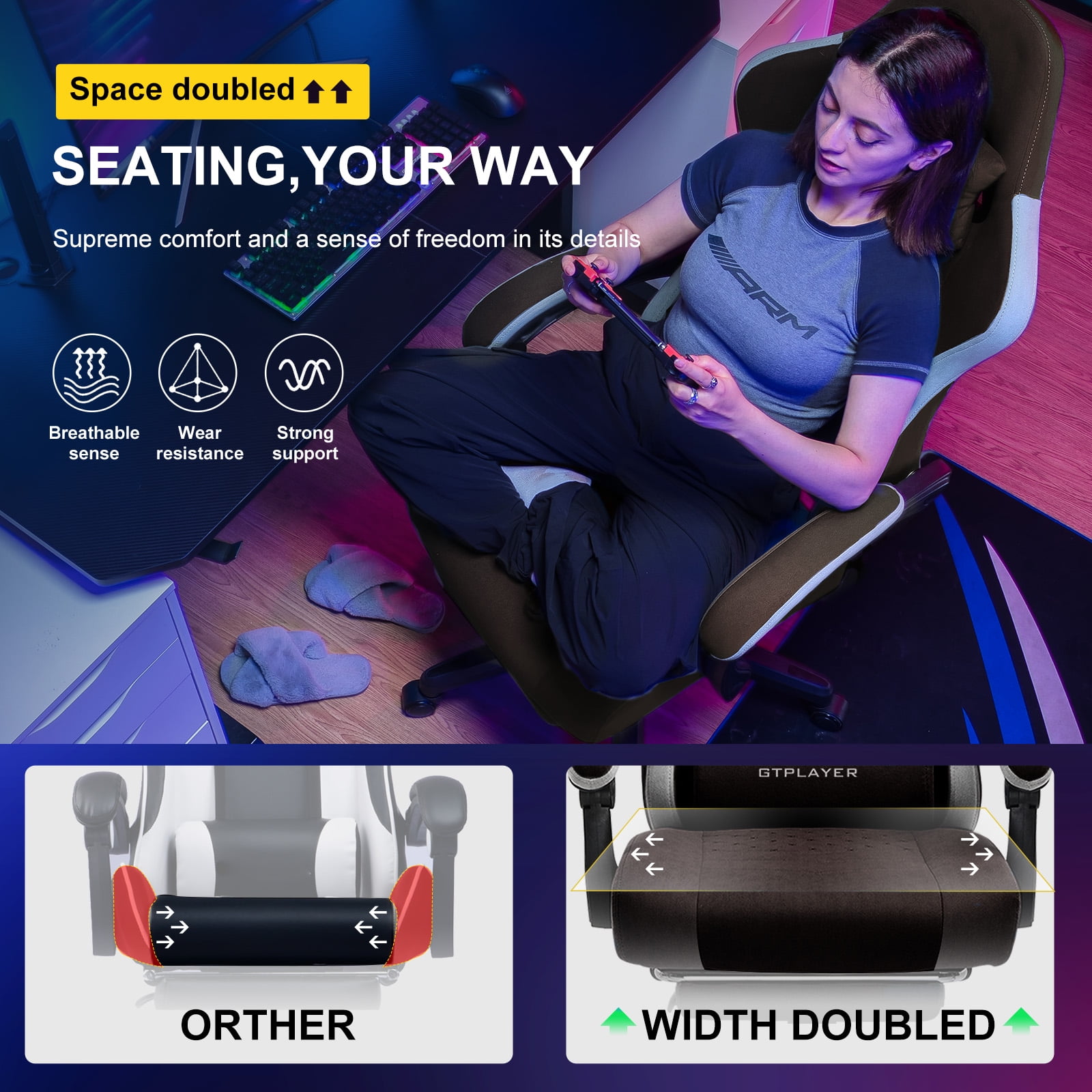 GTPLAYER Ergonomic High Back Pocket Spring Cushion Gaming Chair with Footrest & Linkage Armrests, Brown