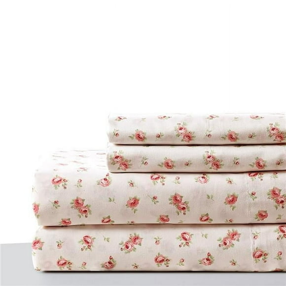 Benzara BM202117 Melun Queen Size Rose Pattern Sheet Set&#44; Pink & White - 4 Piece