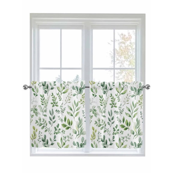 Eucalyptus Leaves 2 Panel Kitchen Curtains for Small Windows, Sage Green Watercolor Farmhouse Bathroom Tier Curtain, Short Window Treatment for Bedroom/Living Room 55"x24"