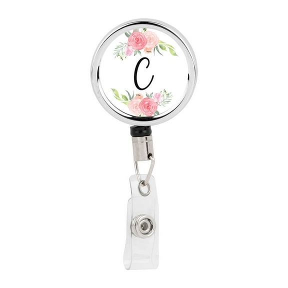 Koyal Wholesale Retractable Badge Reel Holder With Clip, Blush Pink And Cream Flowers, Floral Monogram C