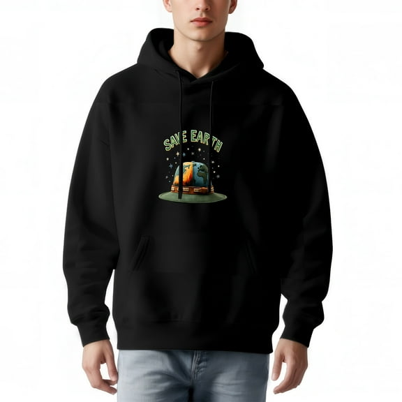 Men's Long Sleeve Hoodie Pullover Sweatshirt with Pockets AVE EARTH ' Graphic Design Globe & Stars Relaxed Fit Drawstrings