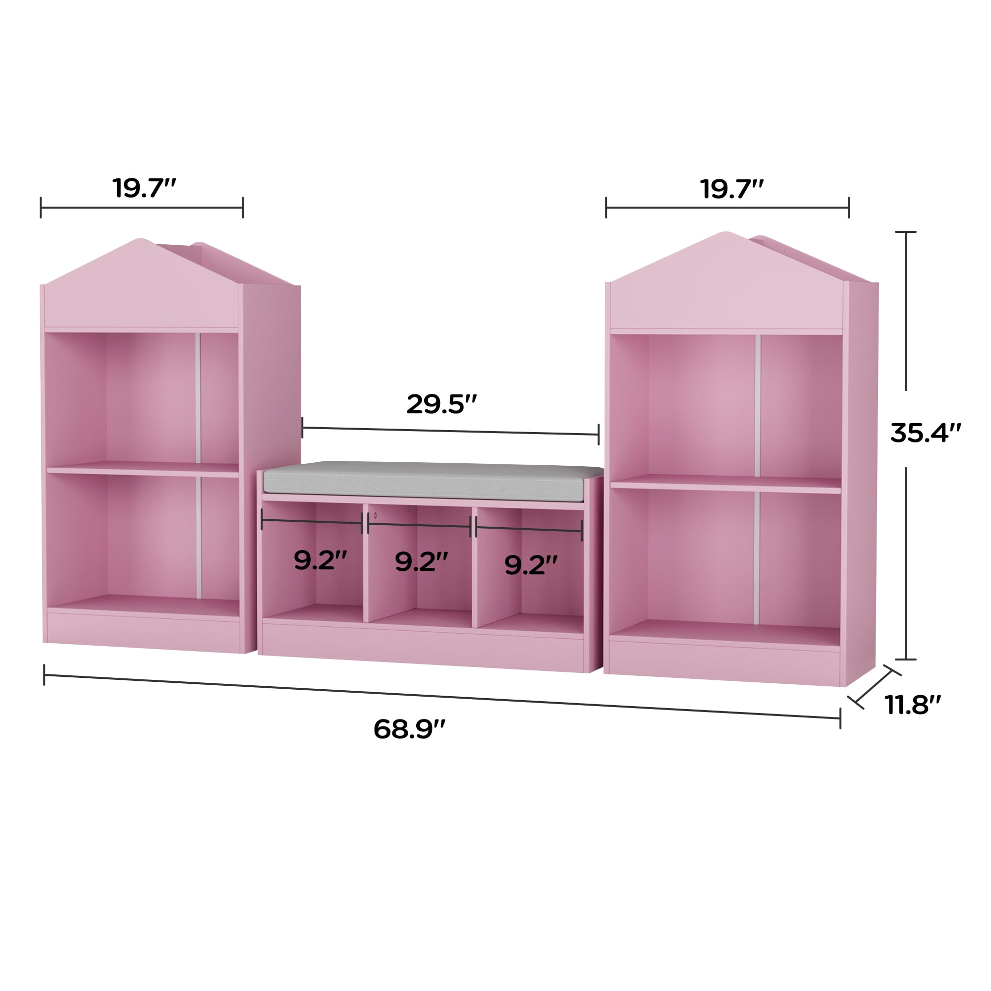 68.9“ Kids Bookshelf with Reading Nook, Toy Storage Organizer with Seat Cushion and 7 Storage Cubbies, Wooden Kids Bookcase, Toy Organizers and Storage for Nursery, Playroom, Pink