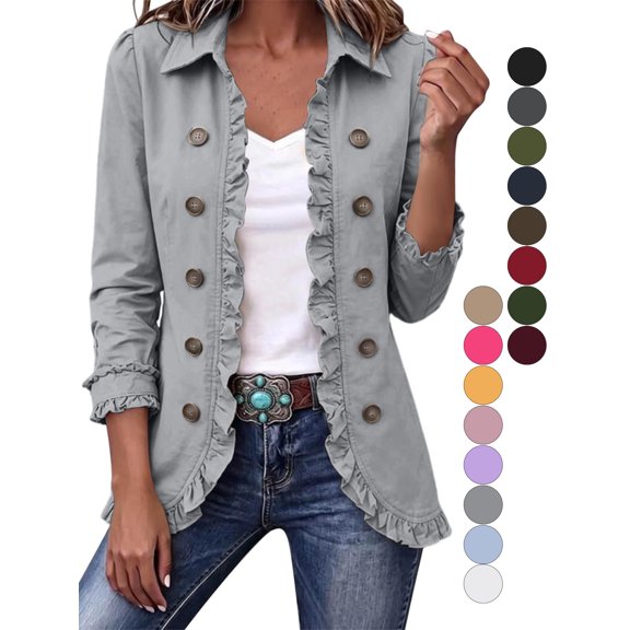 Gealkoca Women's Ruffle Trim Button Down Jacket Collared 3/4 Sleeve Lightweight Casual Coat Open Front Jackets with Lining for Fall Spring Daily Wear