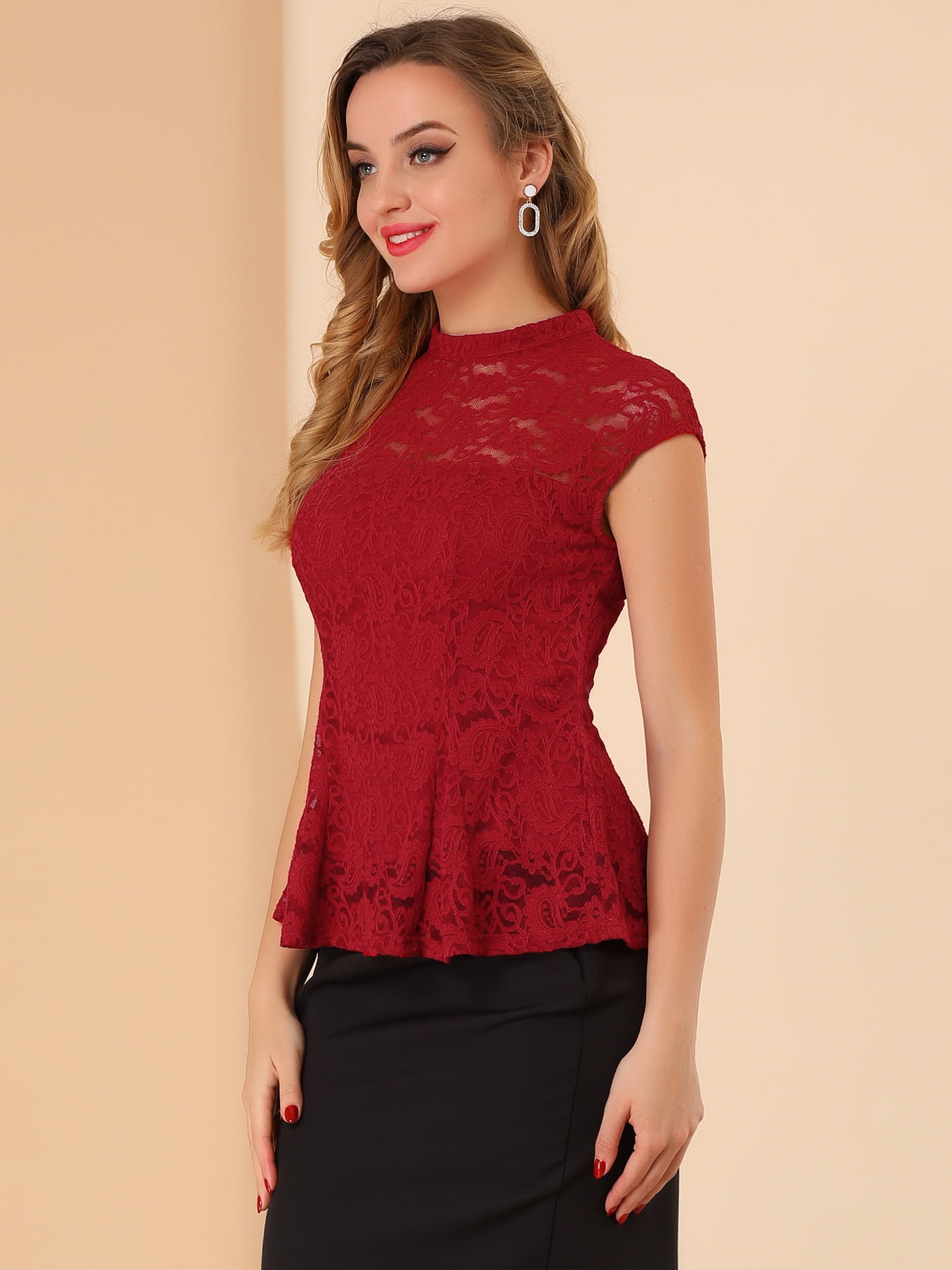 DARING DIVA Lace Floral Crochet Sleeveless Peplum Blouse XL Red