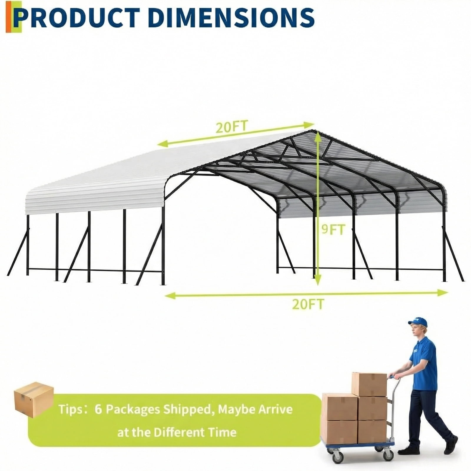 20 x 20 x 9 FT Metal Carport Garage, Heavy Duty Carbon Steel Frame with Metal Roof, Oversized White Outdoor Shelter for 2 Cars, Boats, and Tractors