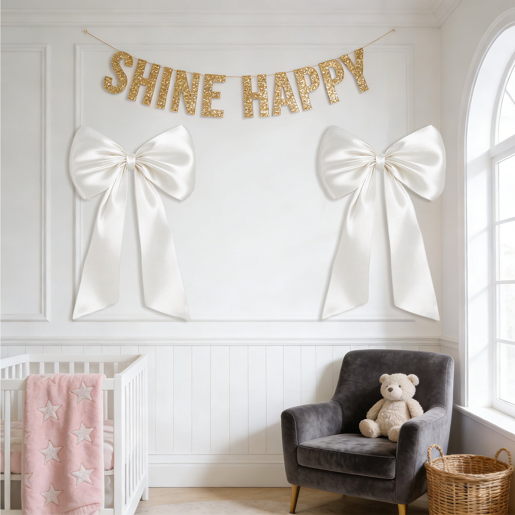 2 Pack Large Satin Bow Decorations 40 x 24 inch, Pre-Shaped Oversized Ribbon Bows for Wedding, Party, Gift Wrapping, Wall & Room Decor, Reusable, White