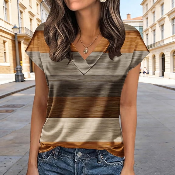 T-Shirt for Women V Neck Short Sleeve Casual Fashion Loose Fit Striped Print Soft Breathable Summer Tops Lightweight Daily Leisure Apparel