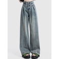thumbnail image 4 of Vaqueros plisados coreanos para mujer, pantalones de pierna ancha lavados de cintura alta, holgados, Retro, azul claro, 2024, 4 of 5