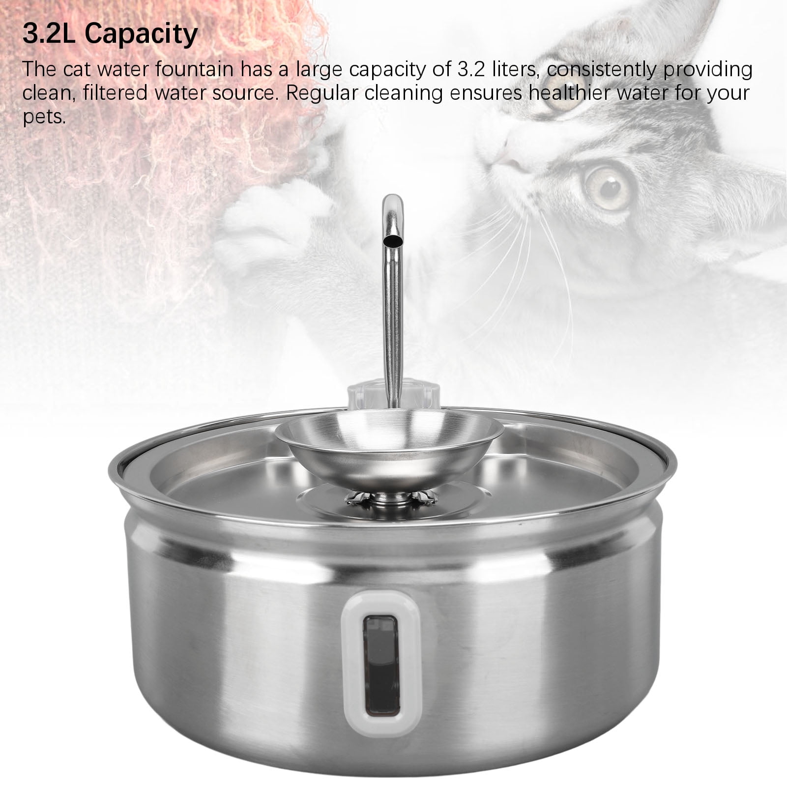 Yajisi Stainless Steel Cat Water Fountain 3.2L / 108oz Automatic Pet Drinking Dispenser with Water Level Window Ultra Quiet Pump Waterer for Cats and Small Dogs