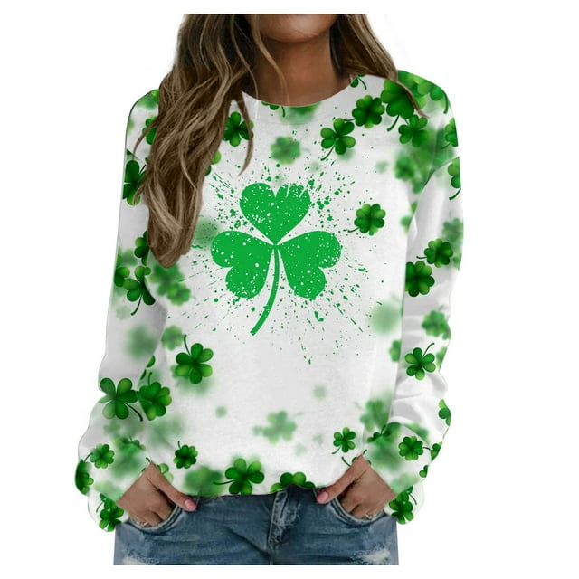 Qepwscx Long Sleeve Shirts For Women St Patricks Day Crewneck Sweatshirt Irish Shamrock Printed Pullover Sweatshirt Tops, Tees & Blouses Green Spring Fall Graphic T-Shirt Holiday Tee Top