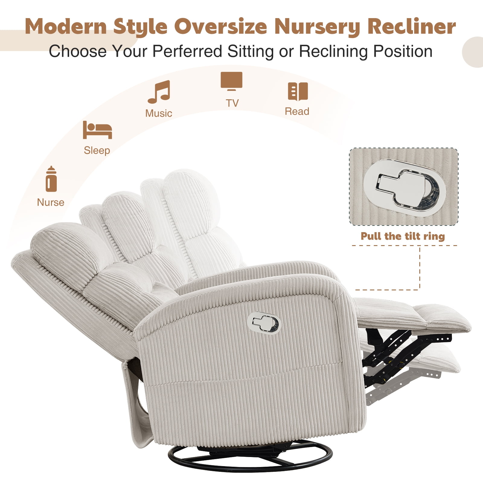 Aemeios Manual Swivel Rocker Recliner Chair, Corduroy Nursery Chair for Living Room, Camel