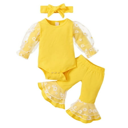 

PBaeM Baby Girls Long Sleeve Bodysuit Pant Headband 3Pcs Sets Outfits Sizes 0-12M