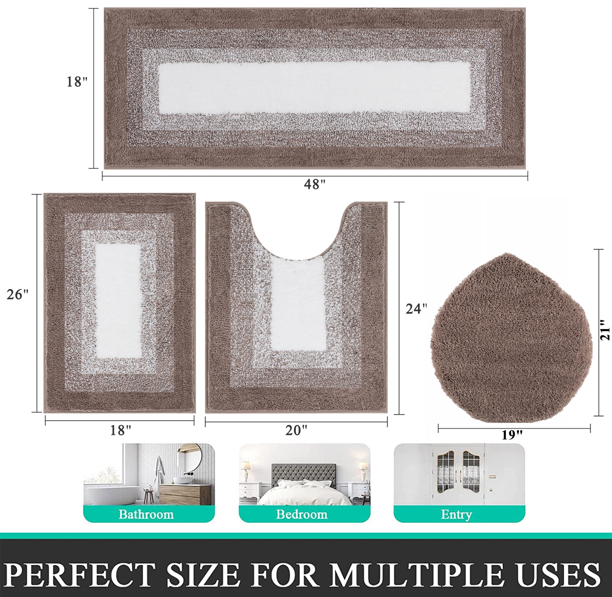 Ileading Bathroom Rugs Sets 4 Piece Plush Shaggy Microfiber Bath Rug with U-Shaped Contour Toilet Mat