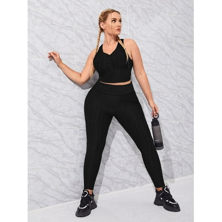 

Activewear Black Women s Plus Size Four Way Stretch Honeycomb Textured Sports Bra Leggings L2202D 2XL(16)