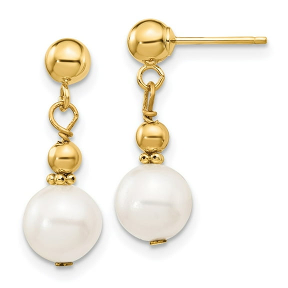 Real 14kt Yellow Gold 7-8mm White Semi-round Freshwater Cultured Pearl Dangle Post Earrings; for Adults and Teens; for Women and Men