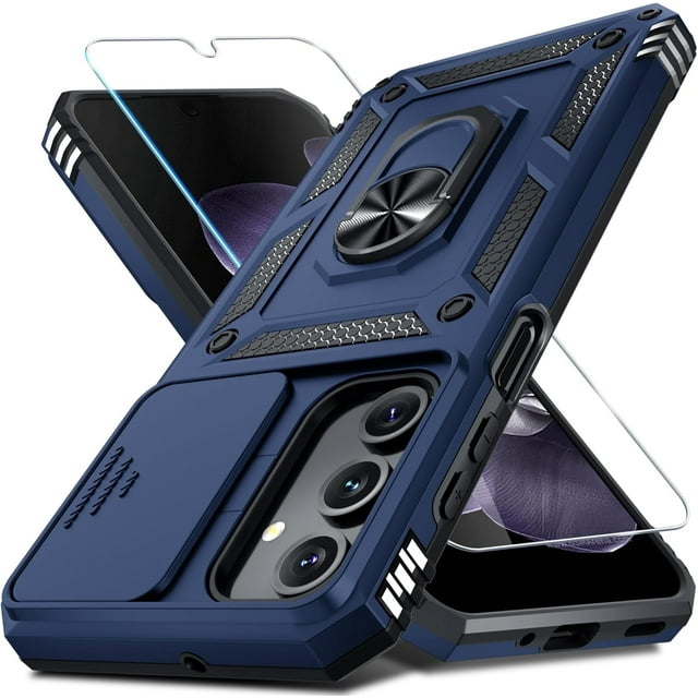 KOMI Compatible with Samsung Galaxy A16 5G Case in blue, designed for cellphone camera lens protection with a built-in slide camera lens cover, screen protector, and finger ring holder kickstand. The heavy-duty shockproof case offers dual-layer protection with a TPU bumper and hard PC back, raised lips for enhanced camera and screen safety, and a 360° rotating metal kickstand. Wireless charging is not supported.
