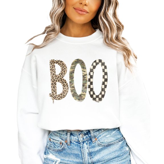 Halloween Boo Sweatshirt for Women Leopard Camo Checkered Crewneck, White Sweatshirt, M