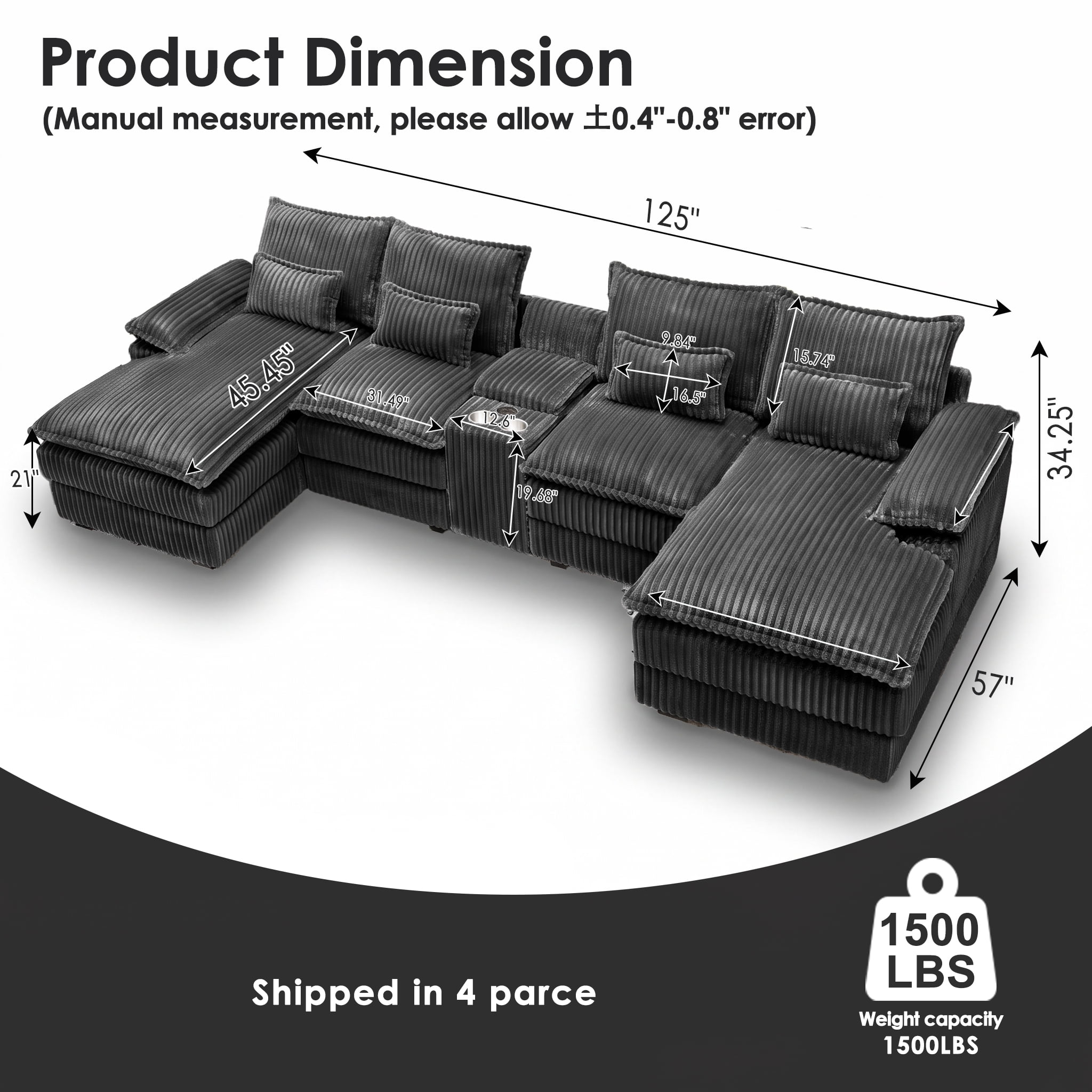 Wakefit 125" U Shaped Sectional Couch, Oversized Modular Sectional Sofa, 5 Seater Corduroy Cloud Couch with Hidden Storage, USB Ports & Cup Holders for Living Room, Dark Gray