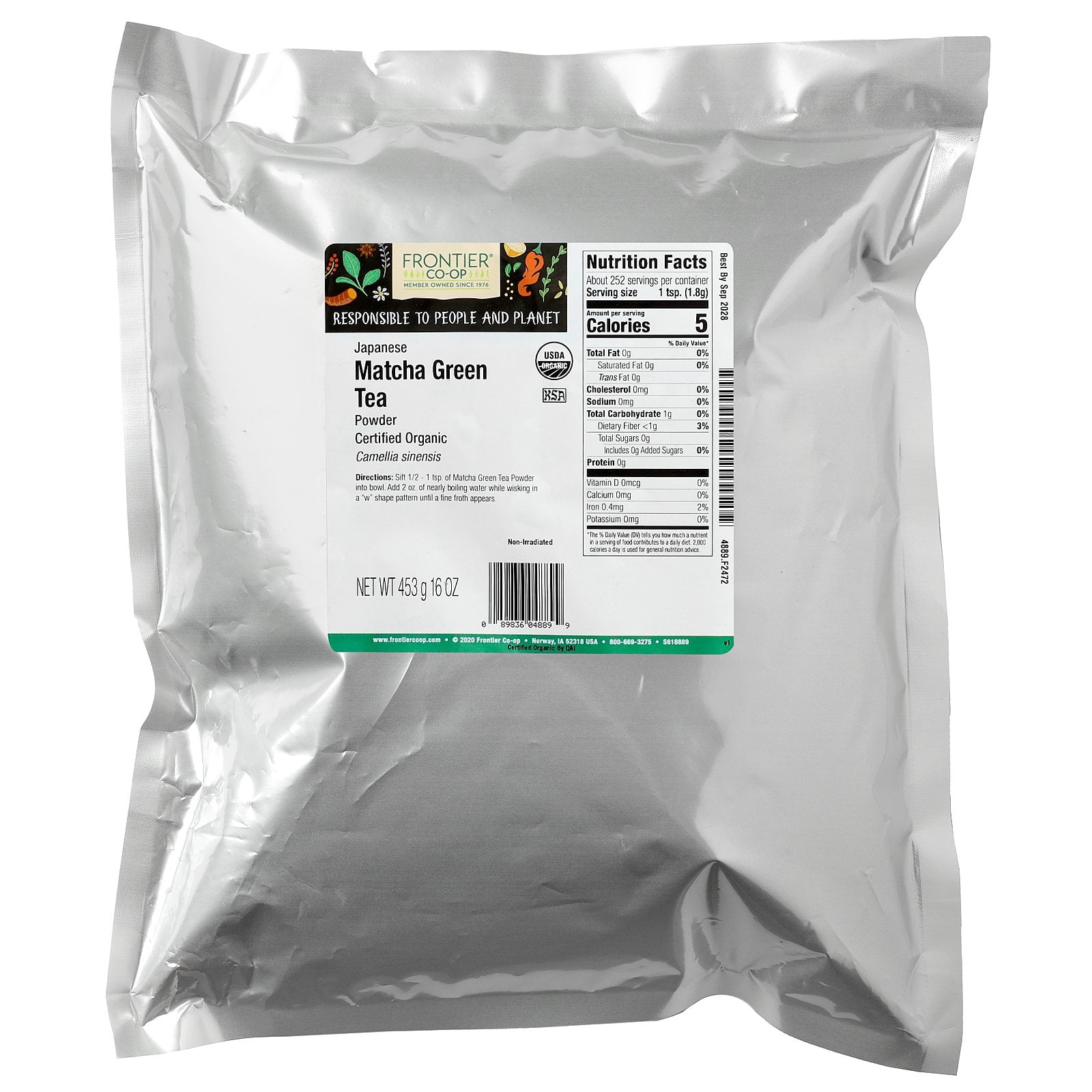 Frontier Co-op 4889 Japanese Matcha Green Tea Powder, Organic 1 lb.
