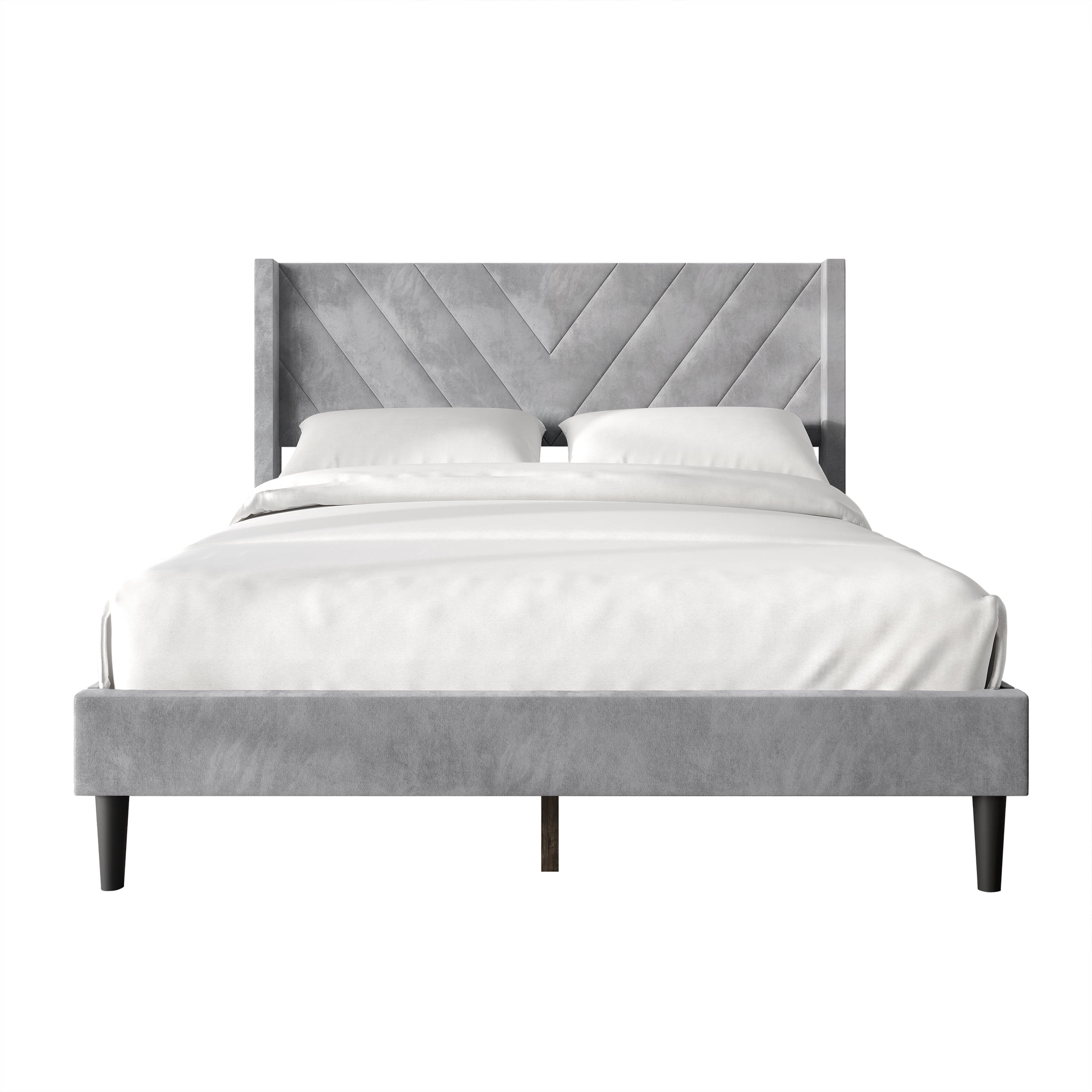 Castle Place Sophisticated Wingback Velvet Upholstered King Platform Bed, Silver Grey