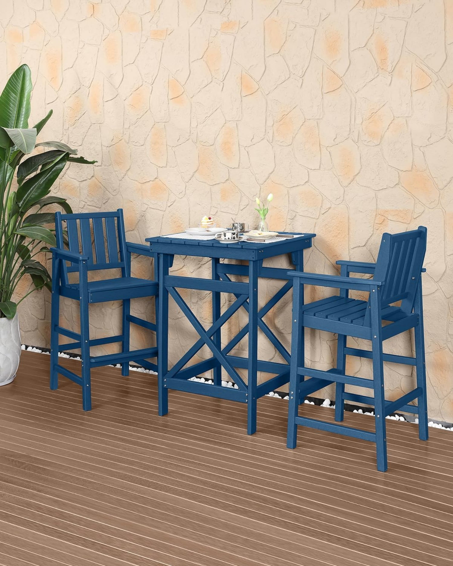 3-Piece Adirondack Bar Table Set, HDPE Outdoor Bar Height Chairs and Table Set, All Weather Patio Bar Furniture for Balcony, Porch, Garden, Poolside, Navy