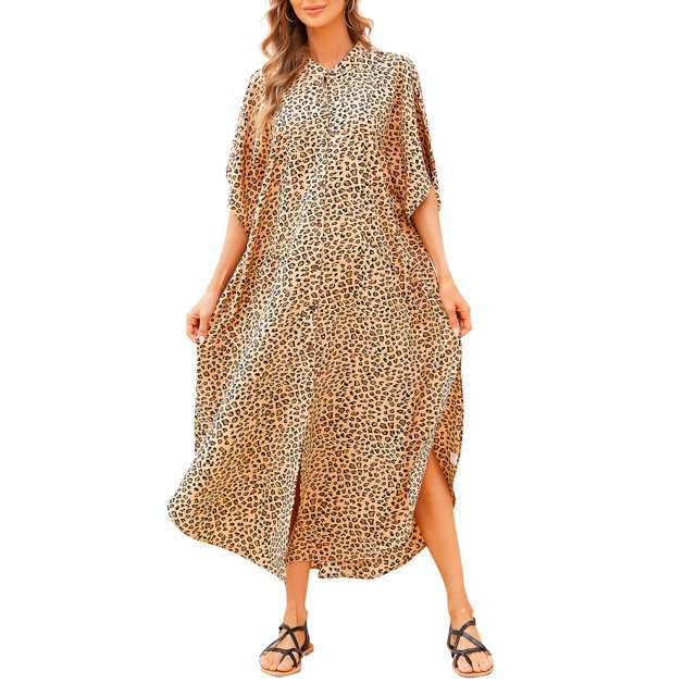 Vestido, Vestido largo suelto con botones para mujer Vestido camisero con bolsillos Bata de playa Cu Abanopi Beige