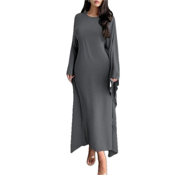Women's Round Neck Maxi Dress with Flowing Cape Sleeves 100% Polyester Elegant Floor Length Chic Dress for Evening Wear
