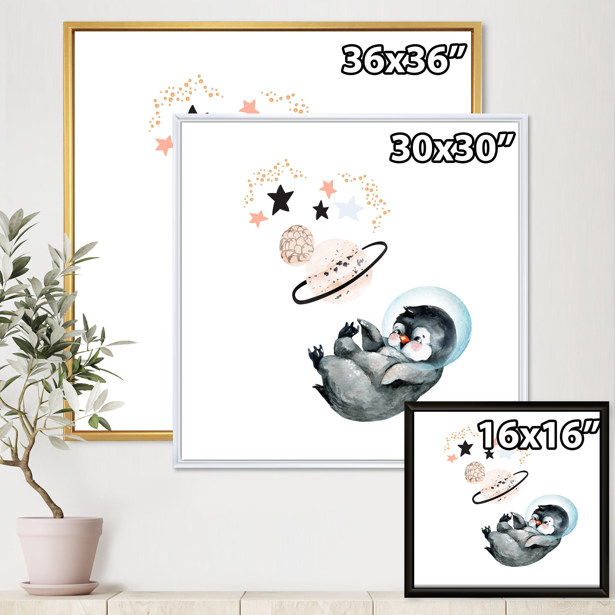 Designart 'Little Penguin With Planets and Stars I' Farmhouse Framed Canvas Wall Art Print