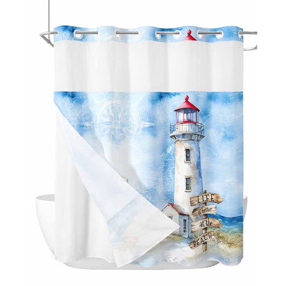 No Hook Cloth Fabric Shower Curtain with Snap in Liner, Nautical Blue Waterproof Shower Curtains Set with See Through Top Window, Lighthouse Ocean Sailboat Summer Painting Bath Curtains 72"x72"