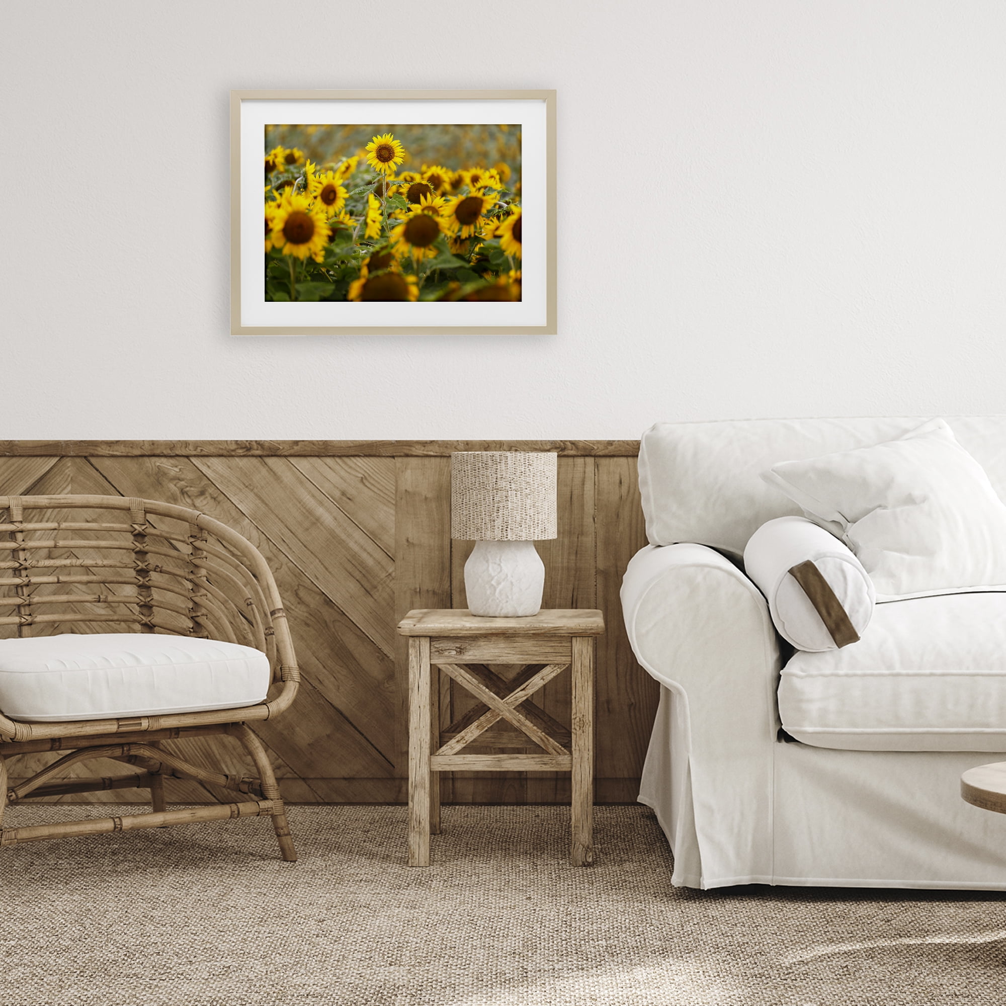 Central Sunflower in Meadow Birch Framed Print Under Glass, design by Andy Crawford