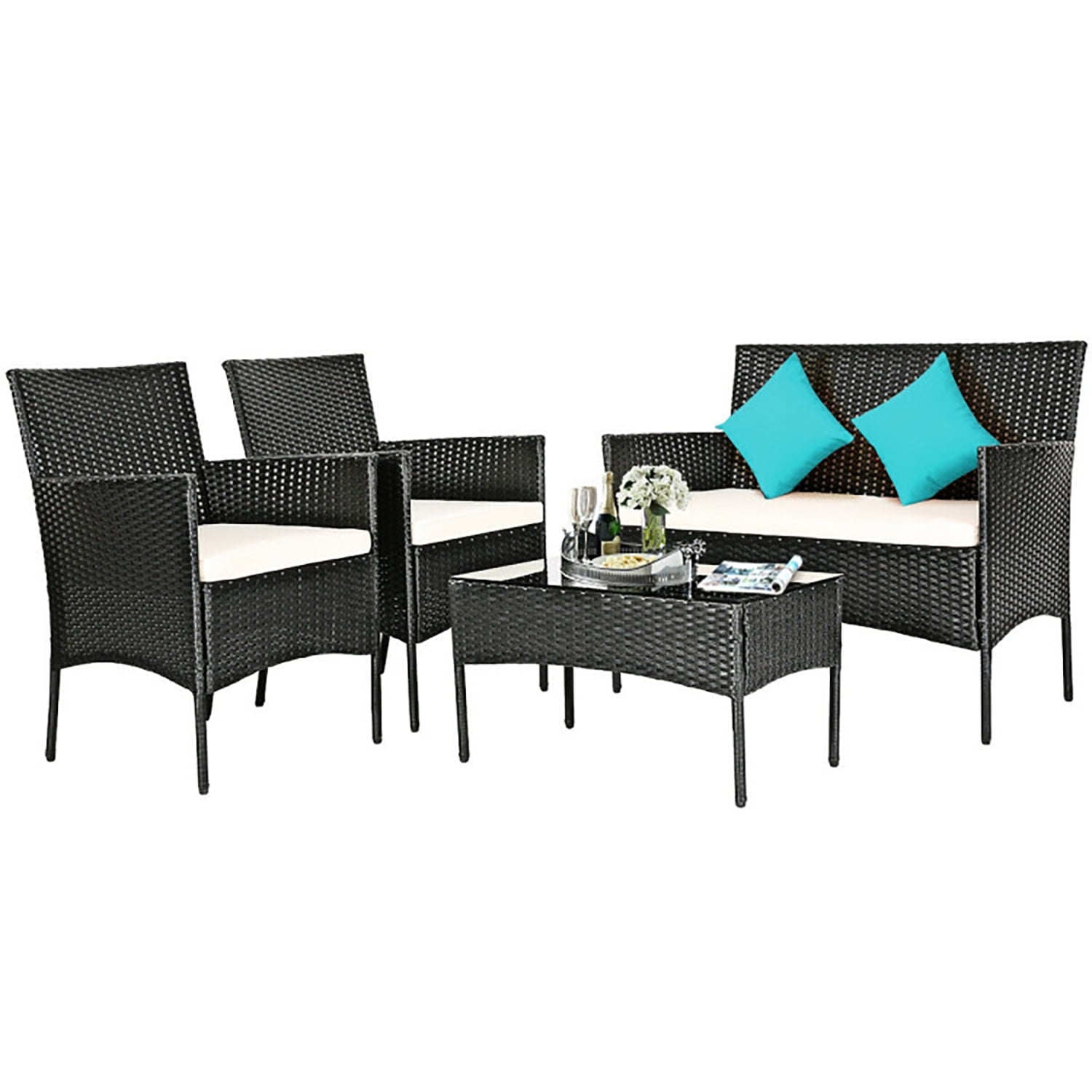 Aimee Lii 4 Pcs Patio Wicker Furniture Set, Cushioned Sofa Furniture, Small Patio Set, White Aimee Lii 4 Pcs Patio Wicker Furniture Set, Cushioned Sofa Furniture, Small Patio Set, White