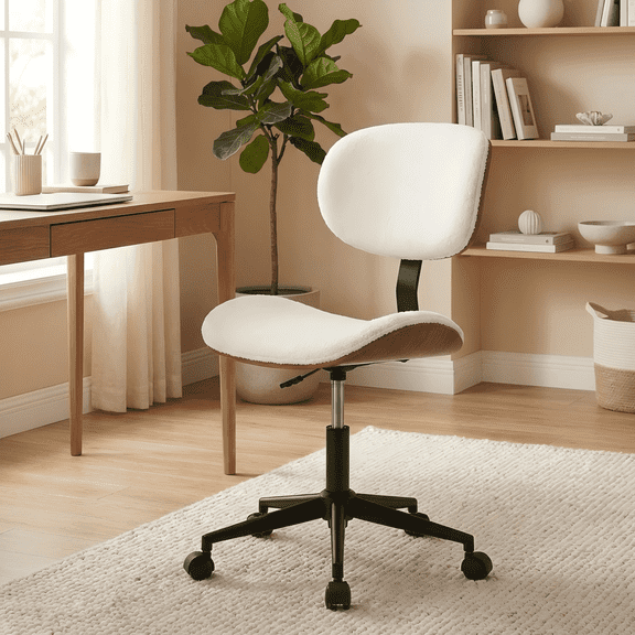 Bestier Bentwood Ergonomic Armless Office Desk Chair with Wheels, Comfy Computer Chair with Lumbar Support, Teddy Mid Back Adjustable Height 360° Rolling Swivel Task Chair No Arm for Home, Off White
