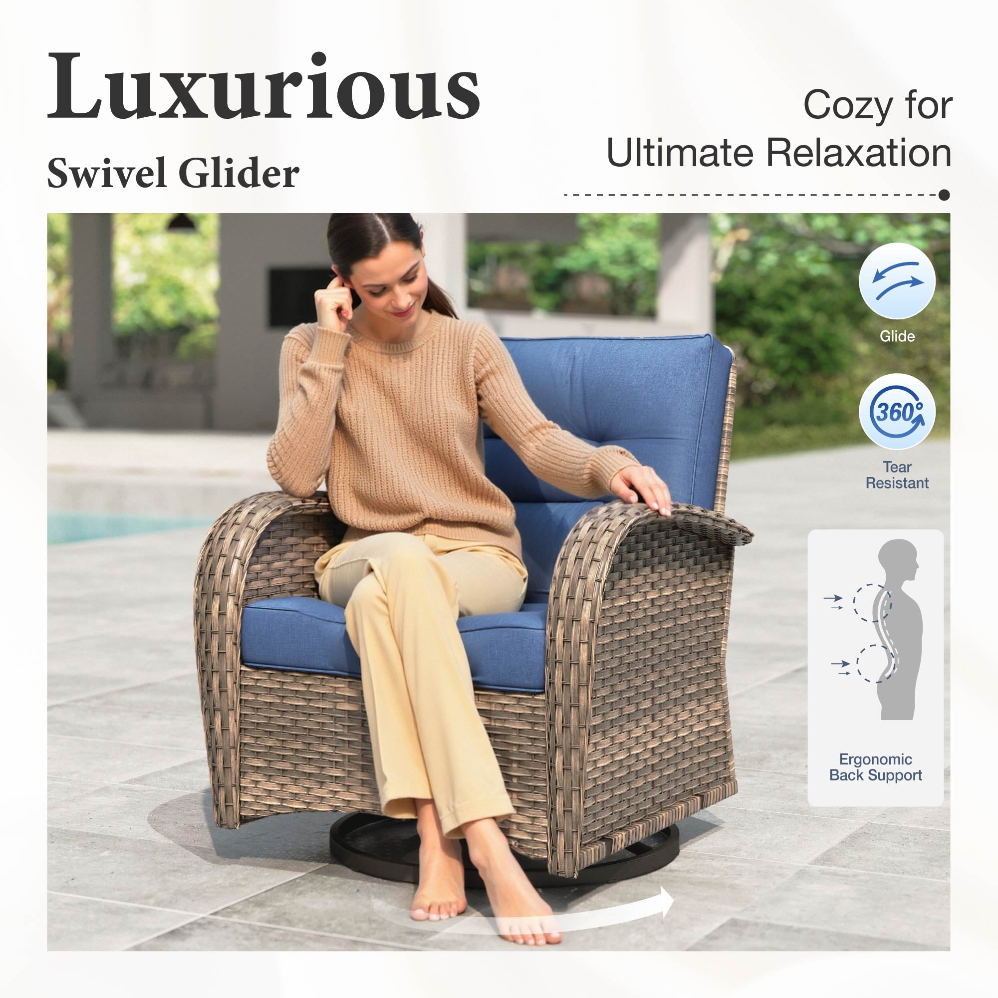 Summit Living 7-Seat Wicker Outdoor Patio Furniture Set with 2 Swivel Glider Rocking Chairs, 3-Seat Sofa, 2 Ottomans & Glass Top Coffee Table, 6-Piece Outdoor Patio Conversation Set, Navy Blue