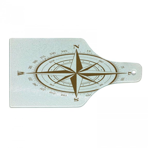 Compass Cutting Board, Seamanship Brown Compass with Windrose and Detailed Angles Directions on the Ocean Print, Tempered Glass Cutting and Serving Board, Wine Bottle Shape, Brown, by Ambesonne