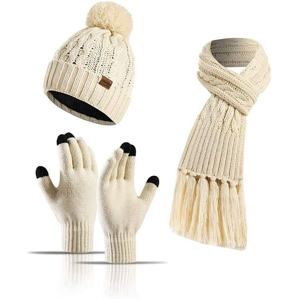 3 pièces hiver chaud chapeau écharpe gants ensemble pour femmes hommes  tricot polaire écran tactile gants bonnet chapeau casquette de Ski 