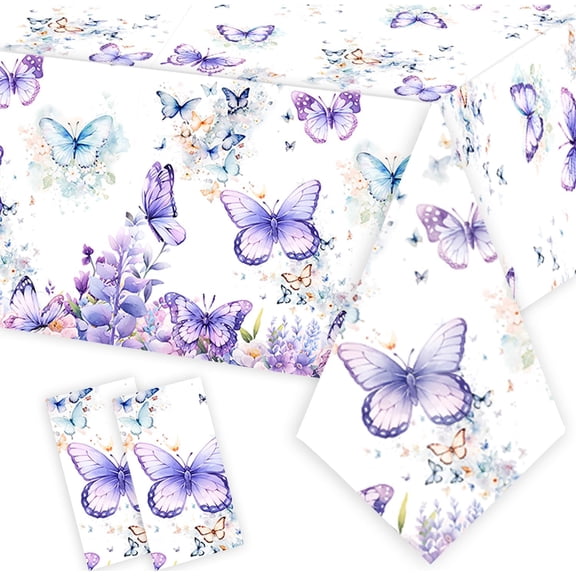 2-Pack Butterfly Birthday Tablecloth, Watercolor Purple Butterfly Table Cover For Girls Baby Shower And 1st 2nd 3rd 4th Birthday Party Decorations