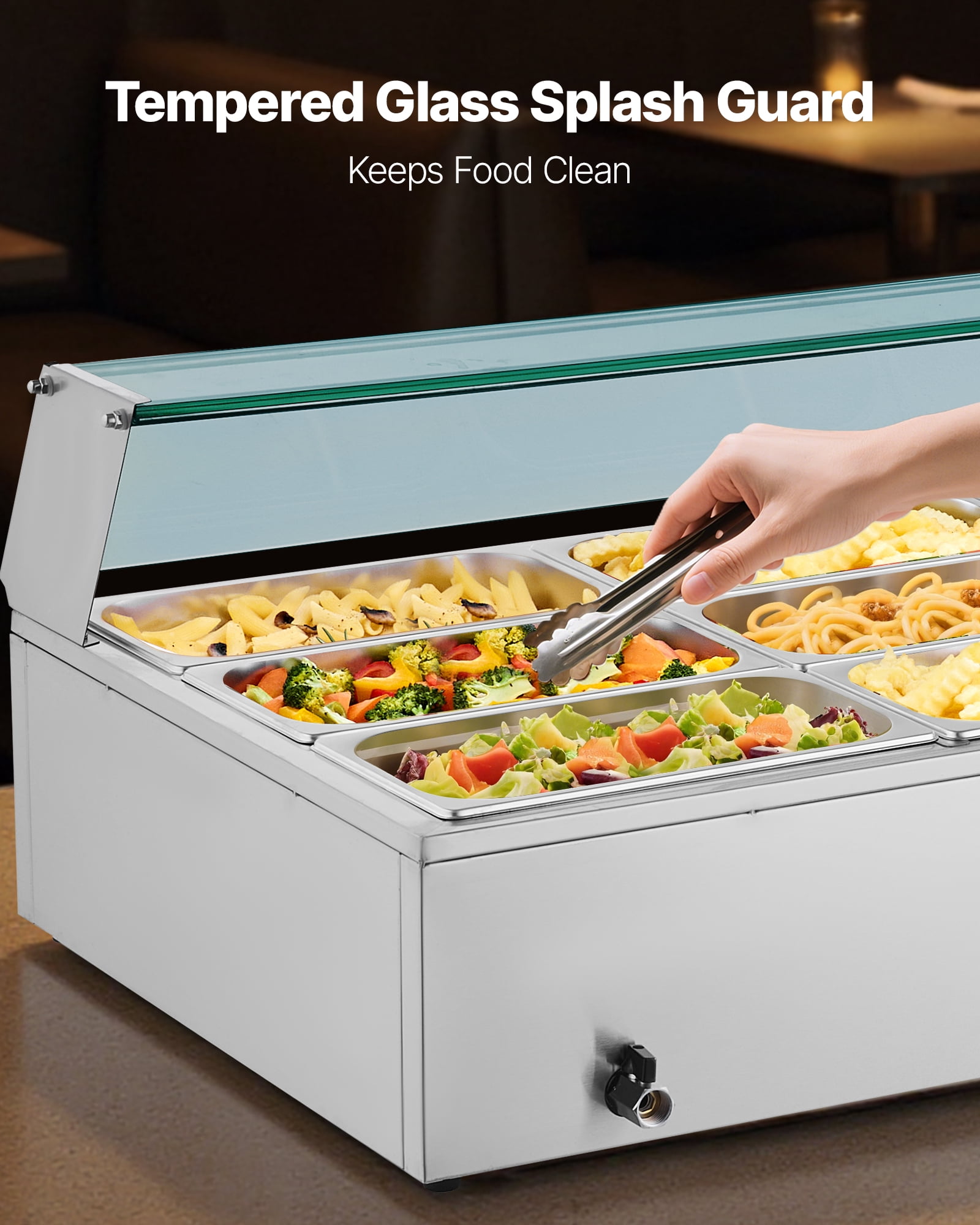 VEVOR Commercial Food Warmer, 1700W Electric Stainless Steel Steam Food Warmer with Glass Cover, 12-Pan Countertop Buffet Bain Marie with Soup & Perforated Ladles, for Catering, Restaurant & Party