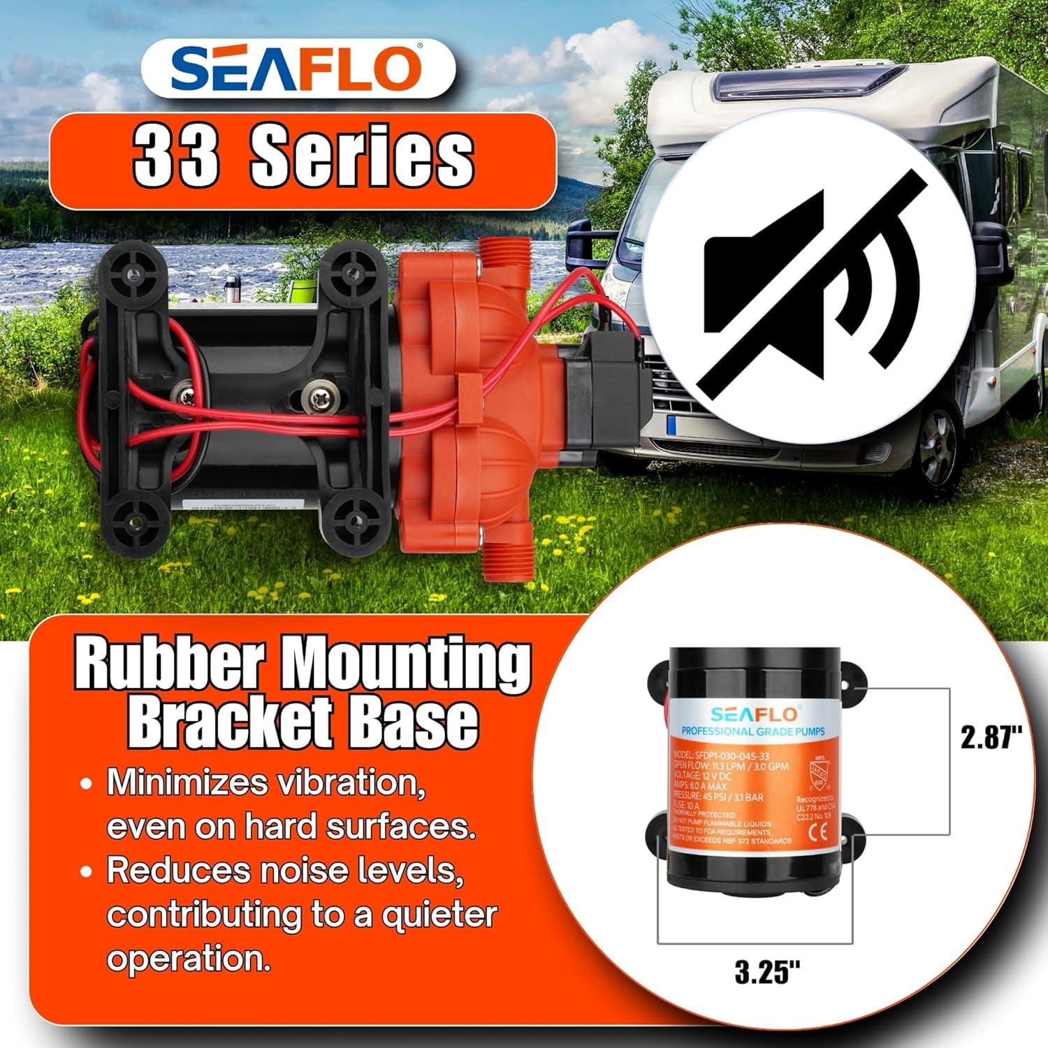 SEAFLO 33 Series DC Diaphragm Pump – 4-Year Warranty! 12V, 3.0 GPM, 45 PSI, Self-Priming, Run Dry Safe, Built-In Pressure Switch | Ideal for Marine, RV, and Water Systems