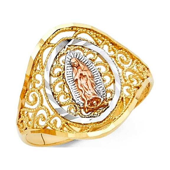 Virgin Mary Ring 14k Yellow White Rose Gold Lady Guadalupe Tapered Band Filigree Style 16MM Size 7