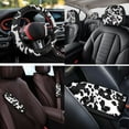 thumbnail image 4 of KUIFORTI Black Cow Print Automobile Seats Covers Set of 14 with Auto Center Console Armrest Pad Car Steering Wheel Cover Auto Seat Belt Cover Car Headrest Covers for Most Cars, 4 of 7