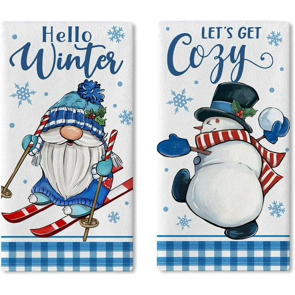 Hello Winter Gnome Kitchen Dish Towels Set of 2, Let''s Get Cozy Snowman Skiing Drying Hand Towels Baking Cooking Cloth, Christmas Seasonal Plaid Farmhouse Home Kitchen Decoration 18 x 26 Inch