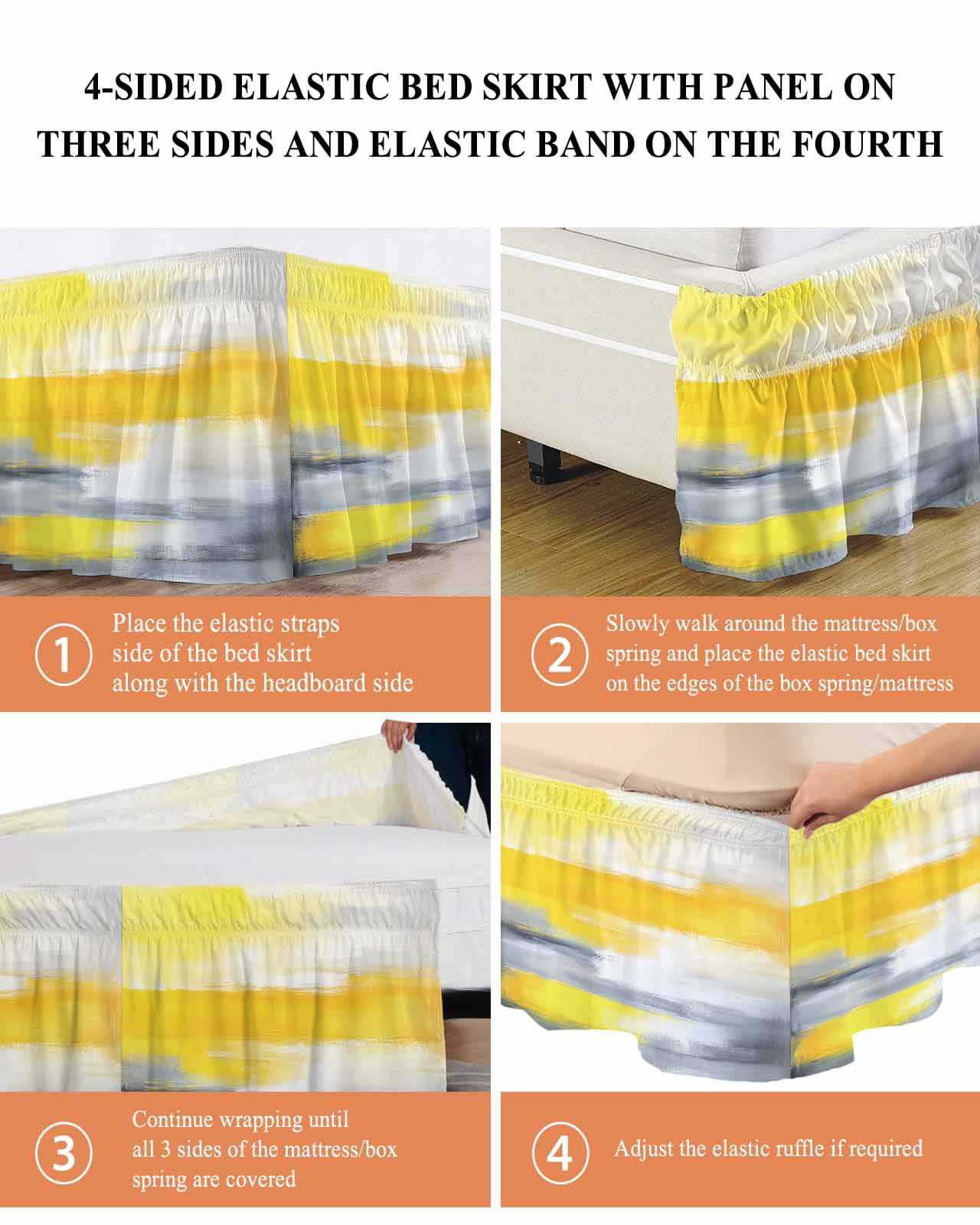 Yellow Gray Wrap Around Bed Skirts for Queen Bed 18" Drop,Bed Skirt with Adjustable Elastic Belt Dust Ruffle Bed Valance for Bedroom Hotel Contemporary Oil Painted Abstract Modern Bed Frame Cover