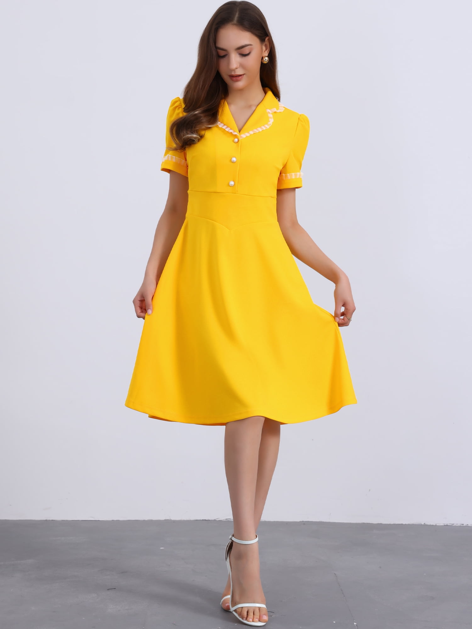 DARING DIVA Women's Vintage Puff Sleeve Peter Pan Collar Dress XL Yellow