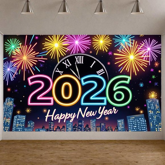 Colorful New Year 2026 Banner with Fireworks for Celebration Event City Skyline