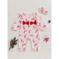 thumbnail image 3 of Baby Toddler Girl 2Pcs Christmas Outfits 0 3 6 9 12 months Long Sleeve Candy Cane Print Ruffle Jumpsuit with Headband Set Newborn Clothes, 3 of 9