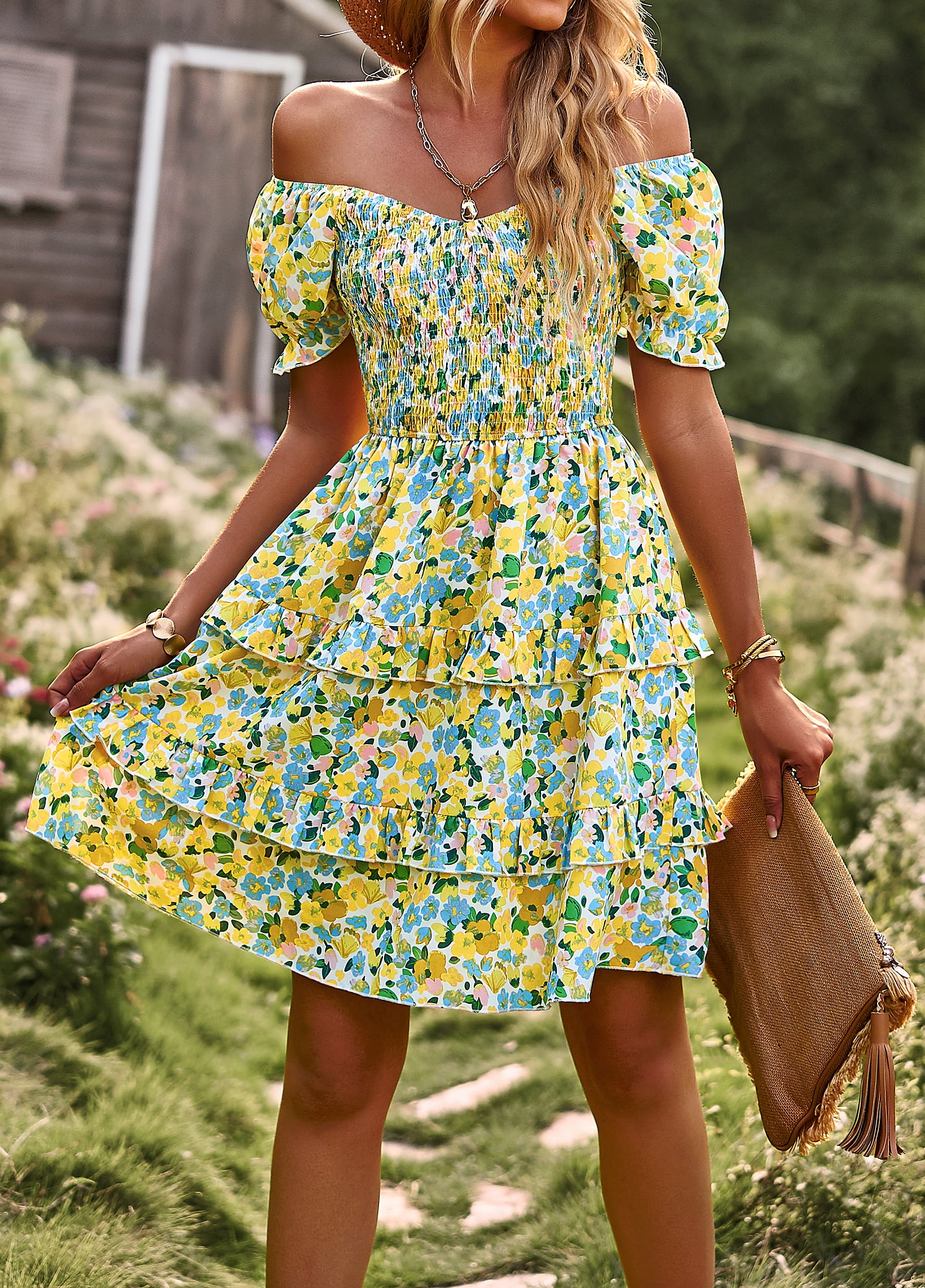 Women's Dresses Casual Summer Print Ruffle A Line Short Sleeve Mini Floral Dress for Women