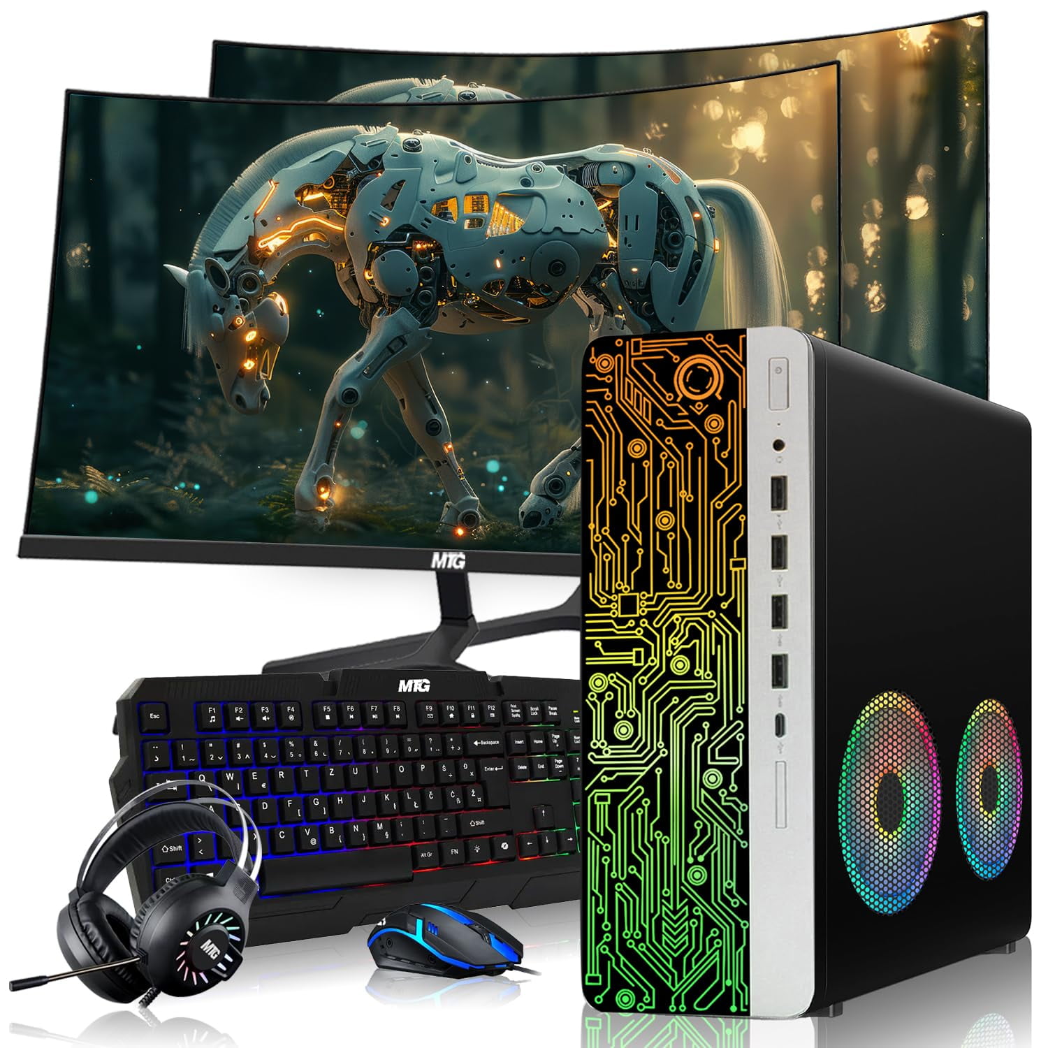 Restored HP Gaming PC Desktop Computer – AMD Pro A10-9700,RX 550 Graphics ,8GB RAM,1TB SSD,Dual 24 Inch Curved Monitor,RGB Keyboard with AI Copilot ,Mouse,2X ARGB Fan WiFi,RGB Headphone,Windows 11